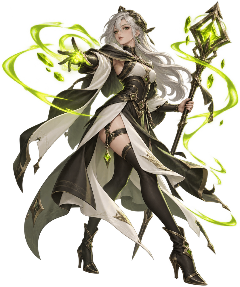 Original silver-haired fantasy mage surrounded by acid-lime magic