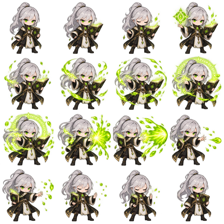 Four by four sprite sheet of an original mage casting a green spell